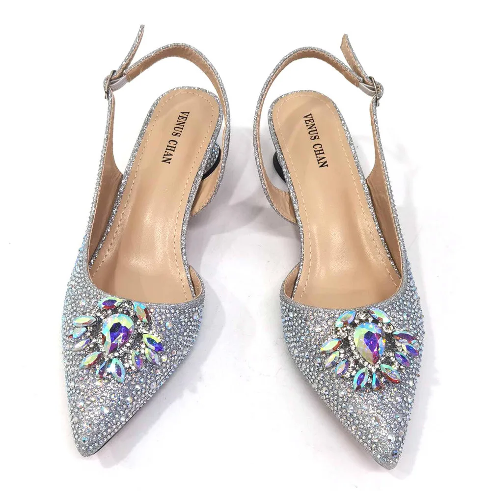 Purple 2024 Italian Design Girly Style Opend Toe Shoes And Bag Full Diamond Decoration with Appliques for Wedding Party