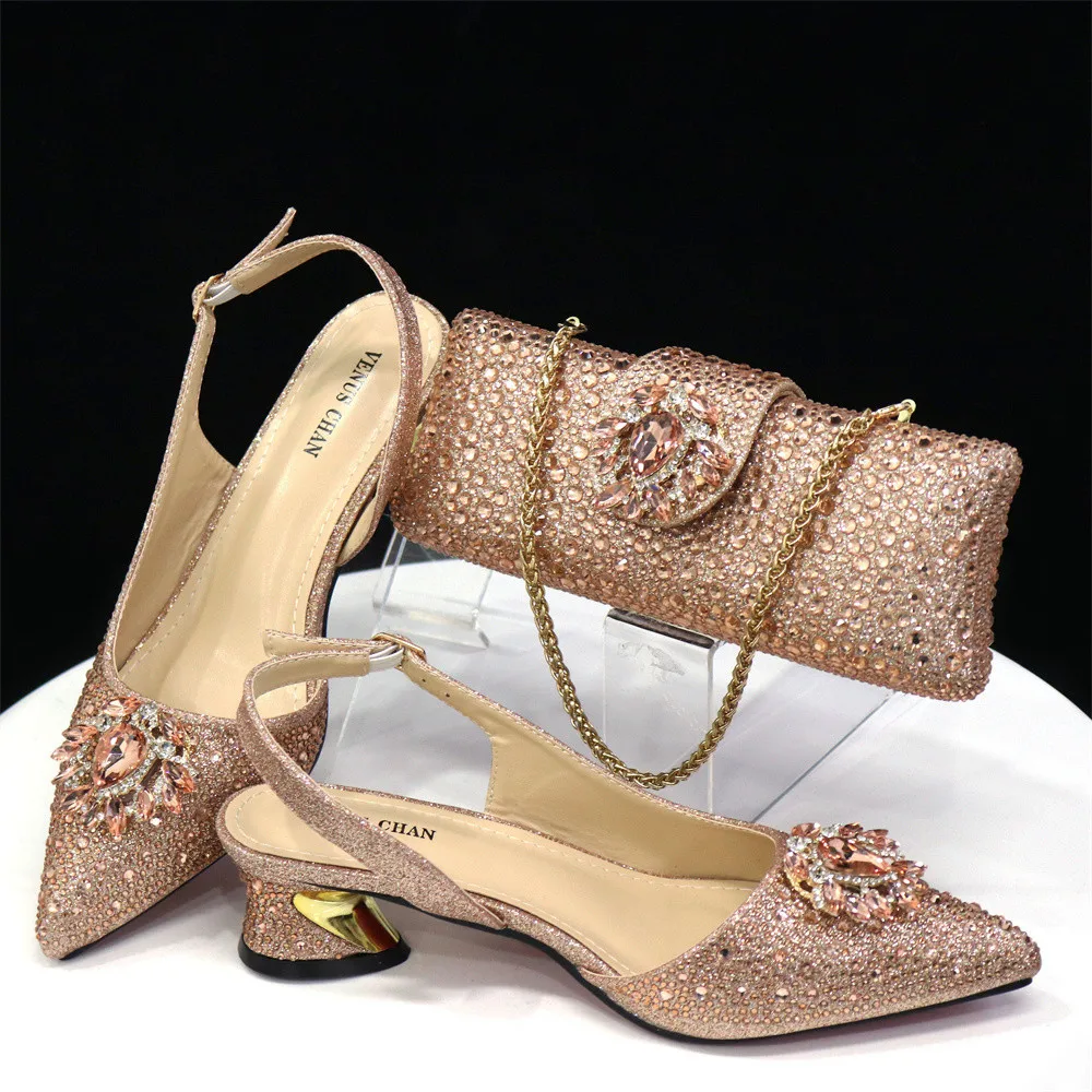 Purple 2024 Italian Design Girly Style Opend Toe Shoes And Bag Full Diamond Decoration with Appliques for Wedding Party