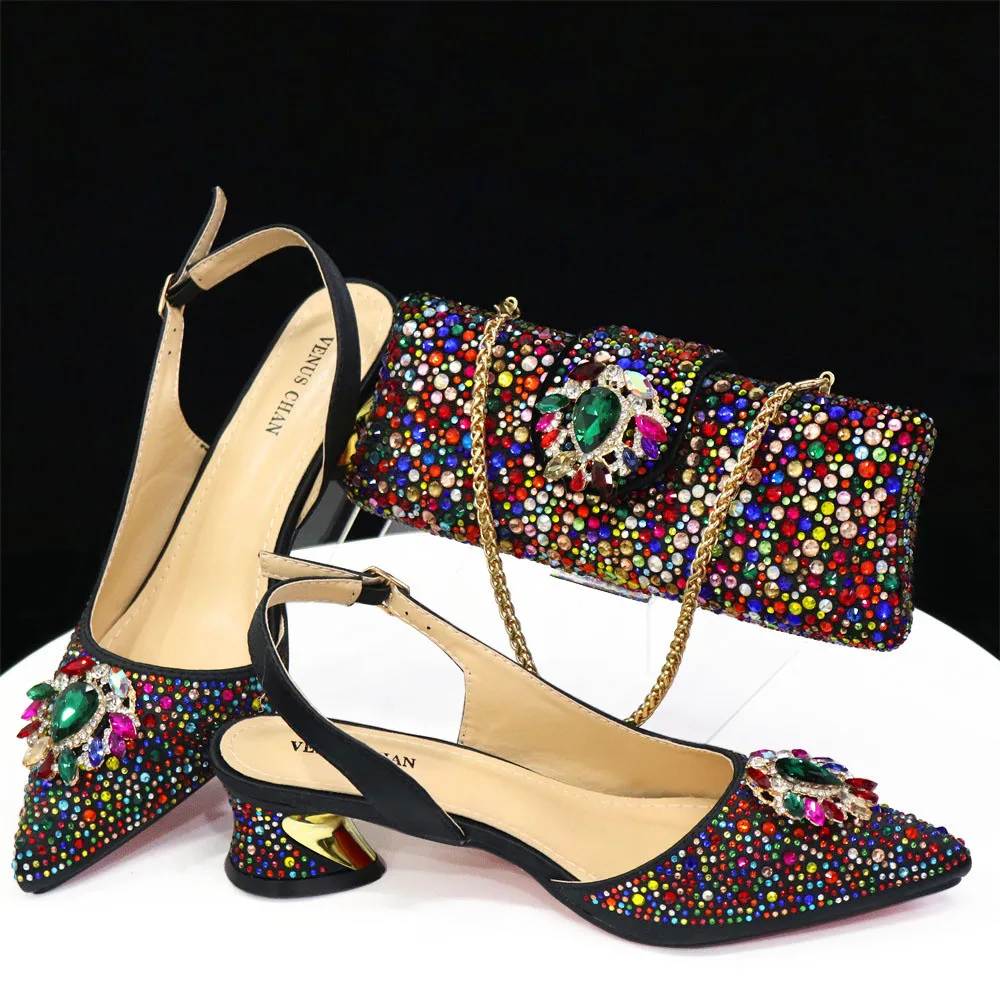 Purple 2024 Italian Design Girly Style Opend Toe Shoes And Bag Full Diamond Decoration with Appliques for Wedding Party