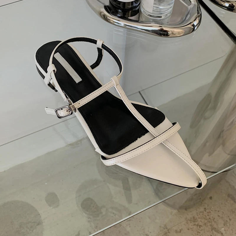 SUOJIALUN 2025 New Brand Women Sandal Fashion Narrow Band Flat Heel Ladies Gladiator Shoes Pointed Toe Ankle Buckle Zapatos Muje