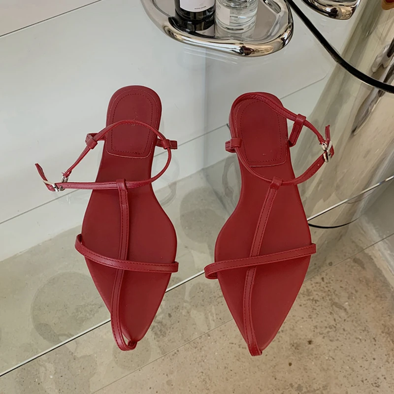 SUOJIALUN 2025 New Brand Women Sandal Fashion Narrow Band Flat Heel Ladies Gladiator Shoes Pointed Toe Ankle Buckle Zapatos Muje