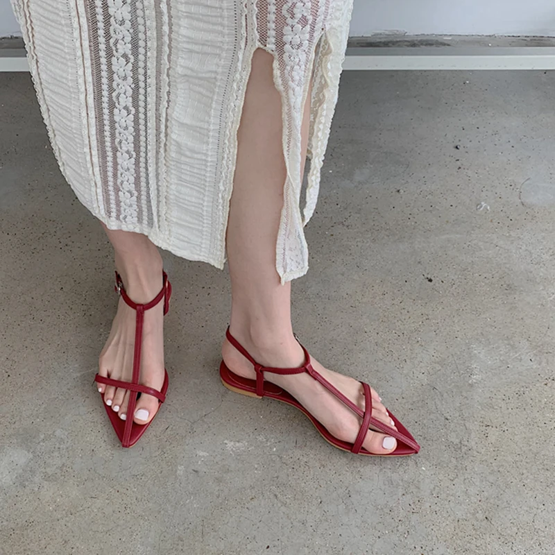 SUOJIALUN 2025 New Brand Women Sandal Fashion Narrow Band Flat Heel Ladies Gladiator Shoes Pointed Toe Ankle Buckle Zapatos Muje