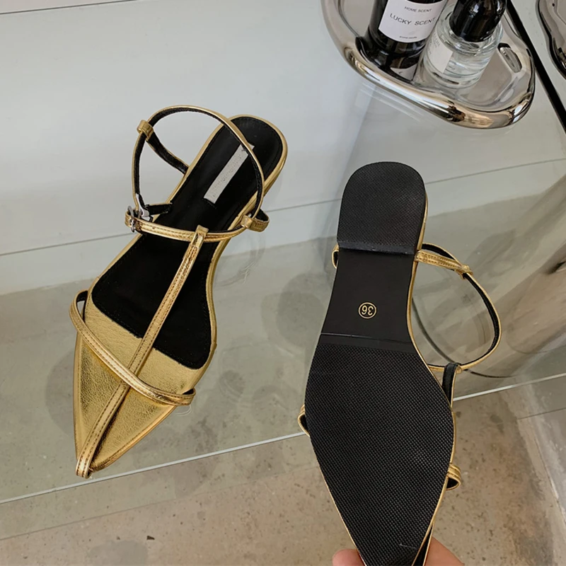 SUOJIALUN 2025 New Brand Women Sandal Fashion Narrow Band Flat Heel Ladies Gladiator Shoes Pointed Toe Ankle Buckle Zapatos Muje