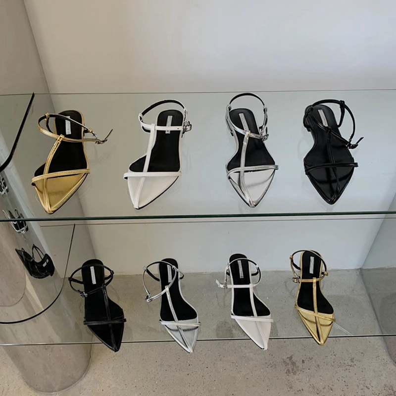 SUOJIALUN 2025 New Brand Women Sandal Fashion Narrow Band Flat Heel Ladies Gladiator Shoes Pointed Toe Ankle Buckle Zapatos Muje