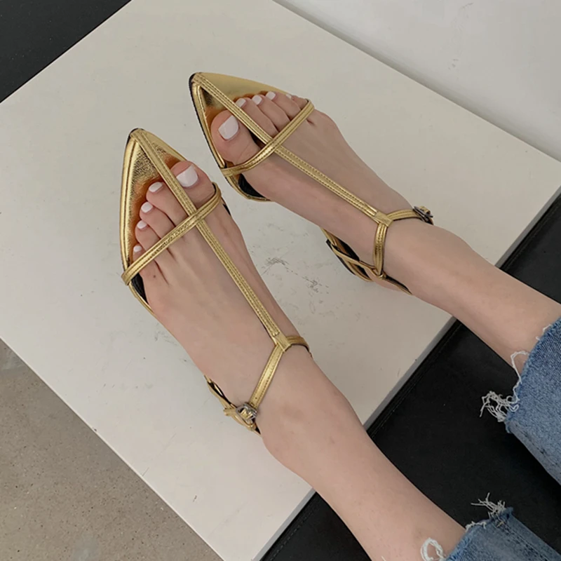 SUOJIALUN 2025 New Brand Women Sandal Fashion Narrow Band Flat Heel Ladies Gladiator Shoes Pointed Toe Ankle Buckle Zapatos Muje