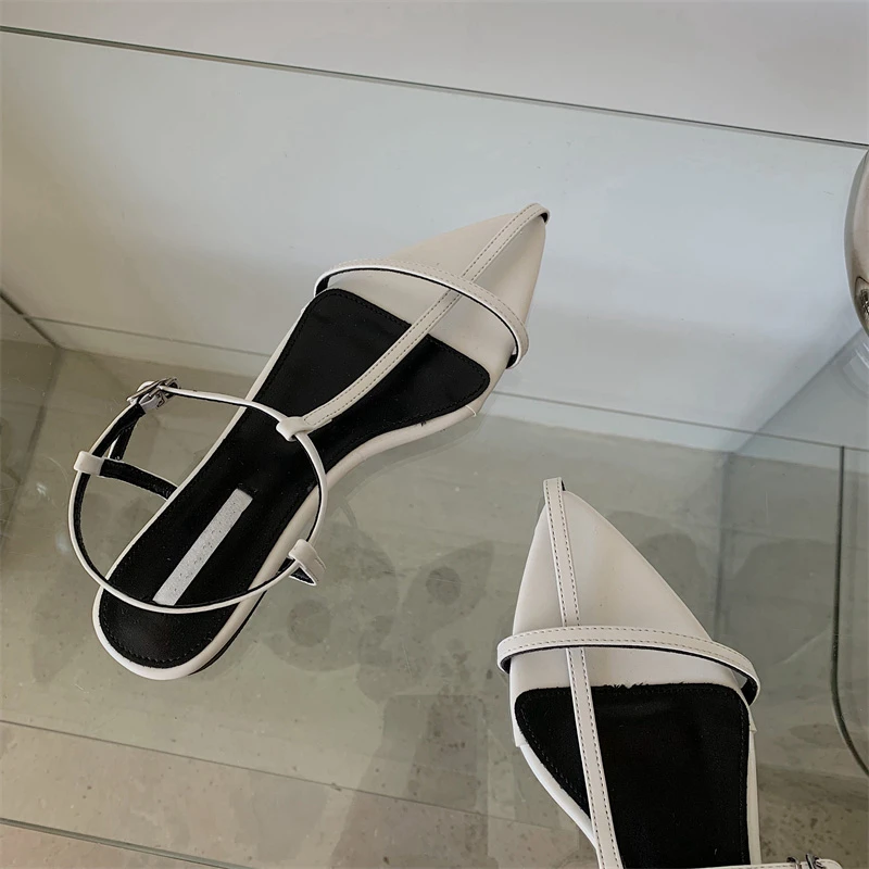 SUOJIALUN 2025 New Brand Women Sandal Fashion Narrow Band Flat Heel Ladies Gladiator Shoes Pointed Toe Ankle Buckle Zapatos Muje