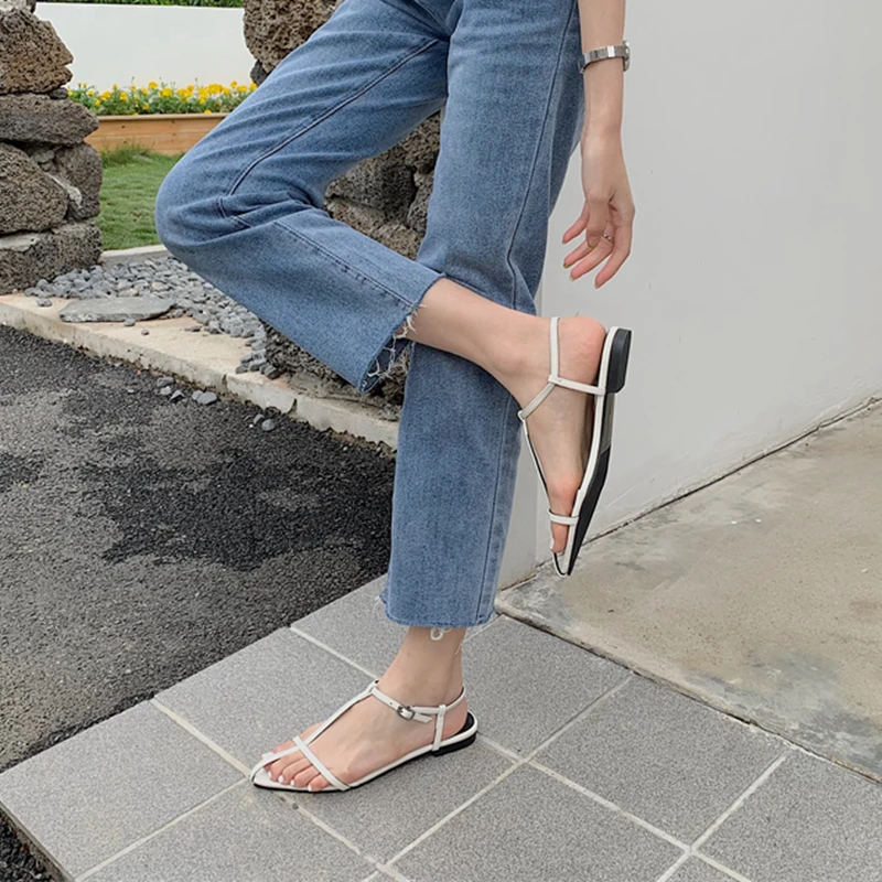 SUOJIALUN 2025 New Brand Women Sandal Fashion Narrow Band Flat Heel Ladies Gladiator Shoes Pointed Toe Ankle Buckle Zapatos Muje