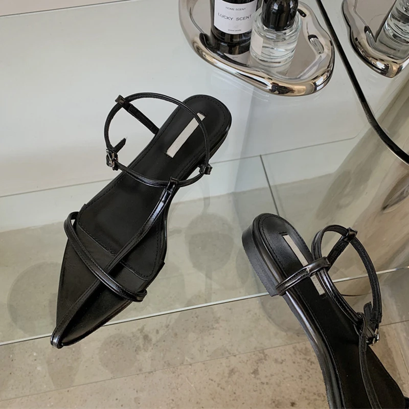 SUOJIALUN 2025 New Brand Women Sandal Fashion Narrow Band Flat Heel Ladies Gladiator Shoes Pointed Toe Ankle Buckle Zapatos Muje