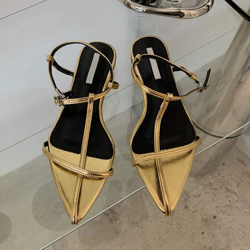 SUOJIALUN 2025 New Brand Women Sandal Fashion Narrow Band Flat Heel Ladies Gladiator Shoes Pointed Toe Ankle Buckle Zapatos Muje