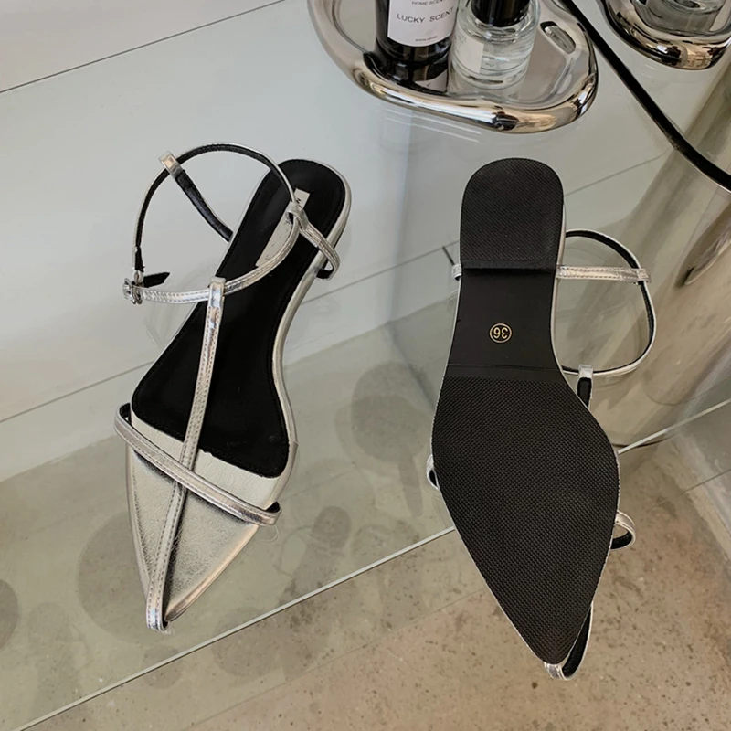 SUOJIALUN 2025 New Brand Women Sandal Fashion Narrow Band Flat Heel Ladies Gladiator Shoes Pointed Toe Ankle Buckle Zapatos Muje