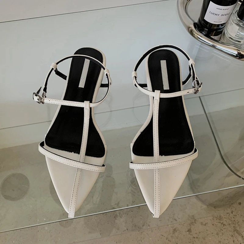 SUOJIALUN 2025 New Brand Women Sandal Fashion Narrow Band Flat Heel Ladies Gladiator Shoes Pointed Toe Ankle Buckle Zapatos Muje
