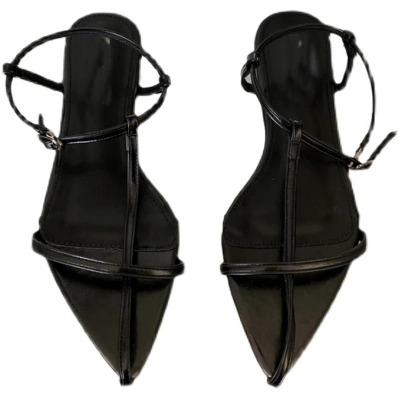 SUOJIALUN 2025 New Brand Women Sandal Fashion Narrow Band Flat Heel Ladies Gladiator Shoes Pointed Toe Ankle Buckle Zapatos Muje