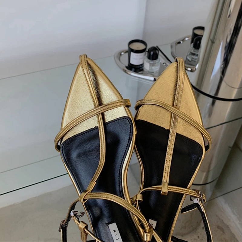 SUOJIALUN 2025 New Brand Women Sandal Fashion Narrow Band Flat Heel Ladies Gladiator Shoes Pointed Toe Ankle Buckle Zapatos Muje