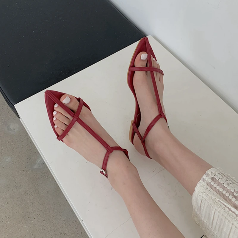 SUOJIALUN 2025 New Brand Women Sandal Fashion Narrow Band Flat Heel Ladies Gladiator Shoes Pointed Toe Ankle Buckle Zapatos Muje