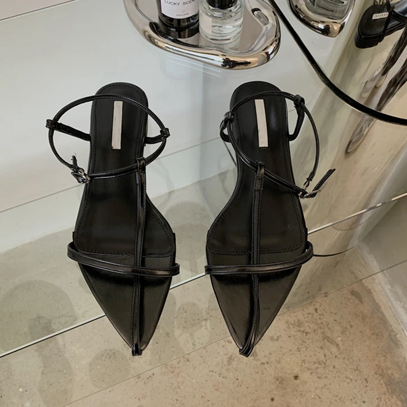 SUOJIALUN 2025 New Brand Women Sandal Fashion Narrow Band Flat Heel Ladies Gladiator Shoes Pointed Toe Ankle Buckle Zapatos Muje