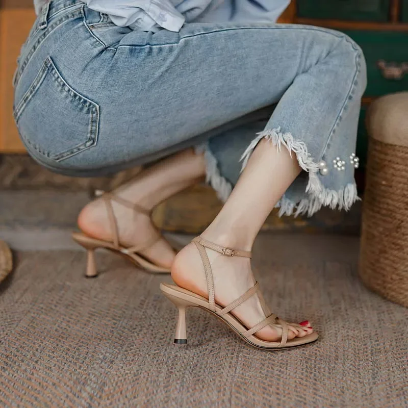 SmallHut New 2026 Trend Ankle Strap Sandals Summer Women Sexy Party High Heel Red Black Light-Yellow Beige Apricot Buckle Sandal