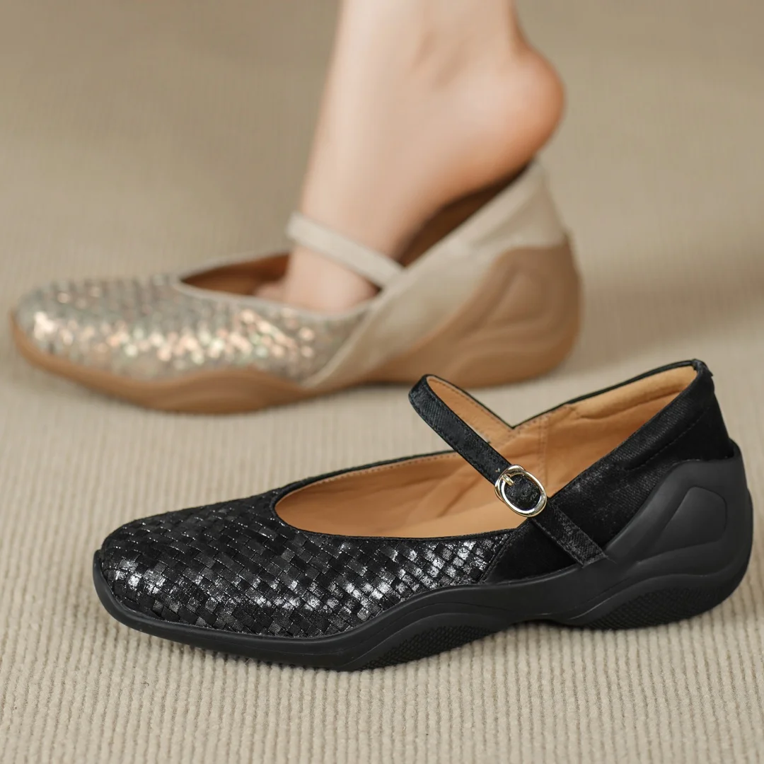 Flokathy women's genuine leather metal buckle slip-on Mary Jane flats sneakers high quality soft comfortable causal espadrilles