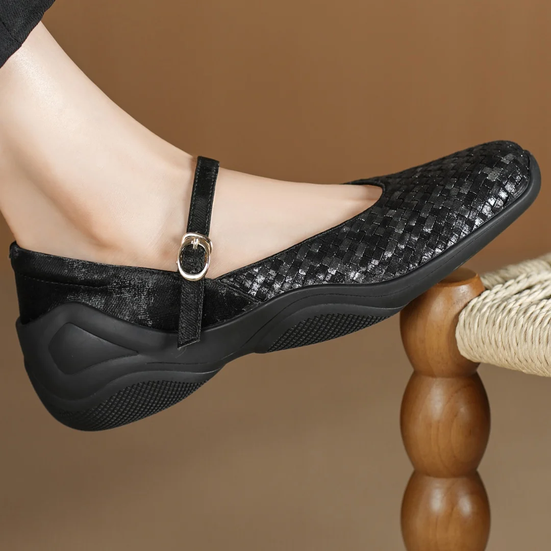 Flokathy women's genuine leather metal buckle slip-on Mary Jane flats sneakers high quality soft comfortable causal espadrilles