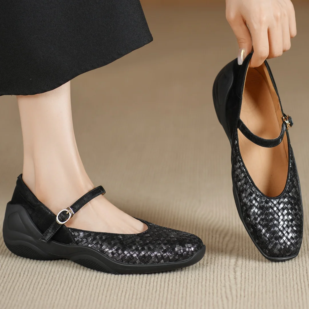 Flokathy women's genuine leather metal buckle slip-on Mary Jane flats sneakers high quality soft comfortable causal espadrilles
