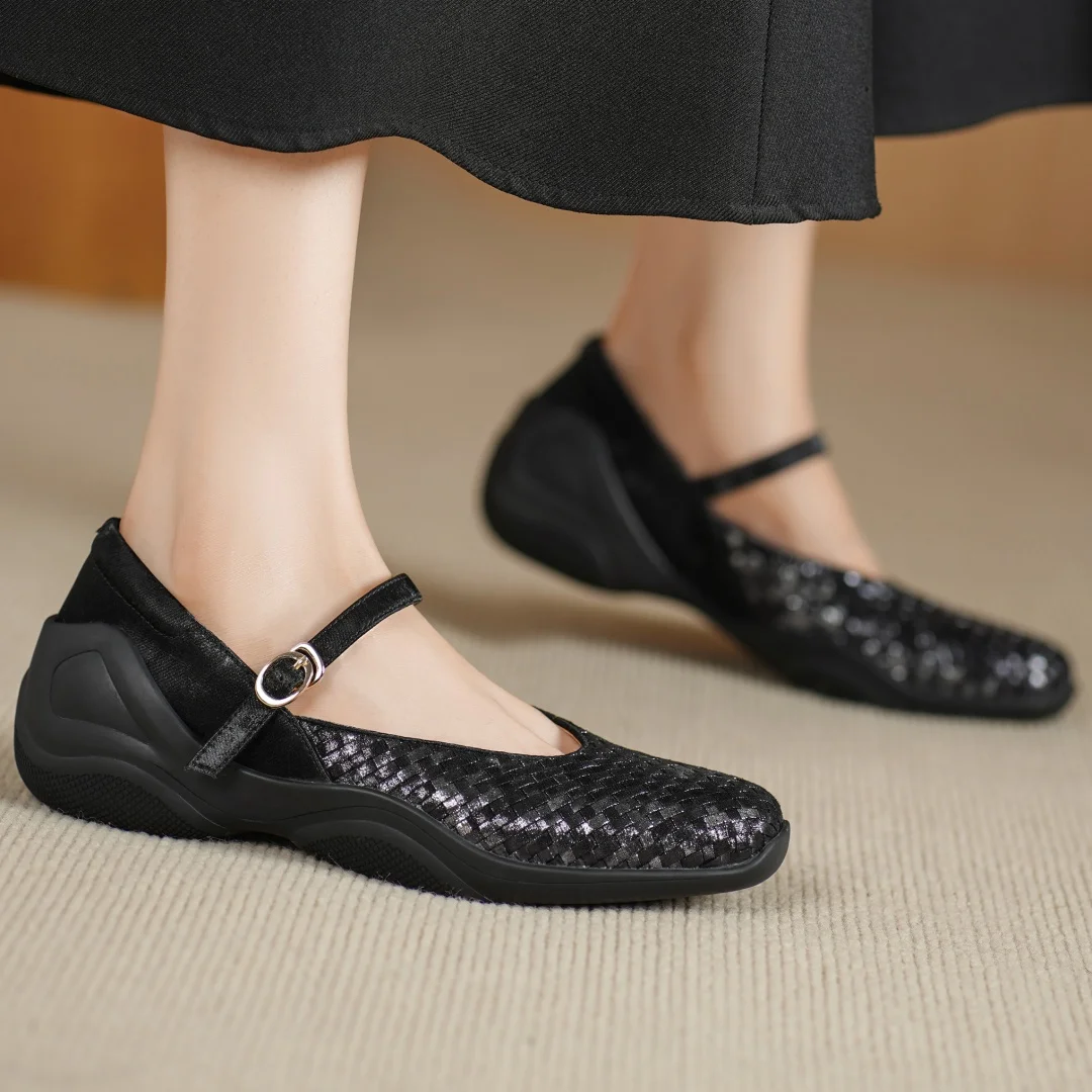 Flokathy women's genuine leather metal buckle slip-on Mary Jane flats sneakers high quality soft comfortable causal espadrilles