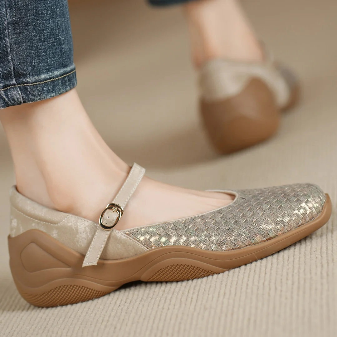 Flokathy women's genuine leather metal buckle slip-on Mary Jane flats sneakers high quality soft comfortable causal espadrilles