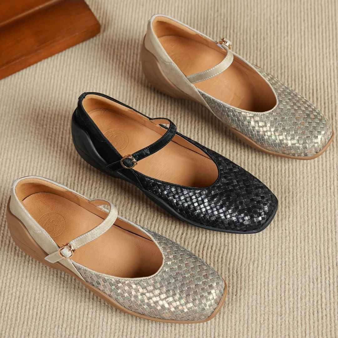 Flokathy women's genuine leather metal buckle slip-on Mary Jane flats sneakers high quality soft comfortable causal espadrilles
