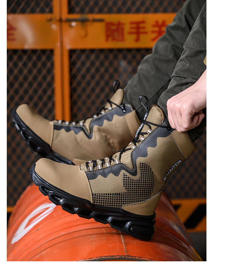 Mens Steel Toe Work Boots High Top Light Breathable Safety Shoes Anti-Smash Anti-Puncture Construction Boots Wear-Resisting Sole