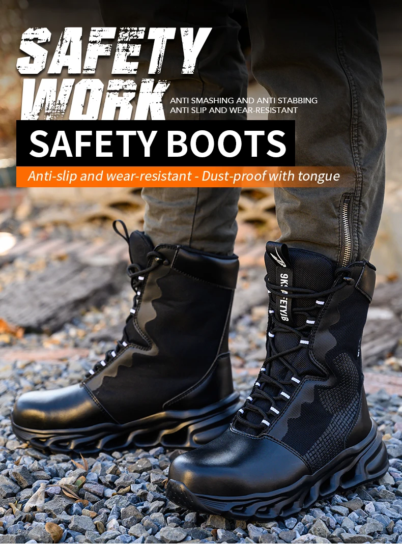 Mens Steel Toe Work Boots High Top Light Breathable Safety Shoes Anti-Smash Anti-Puncture Construction Boots Wear-Resisting Sole