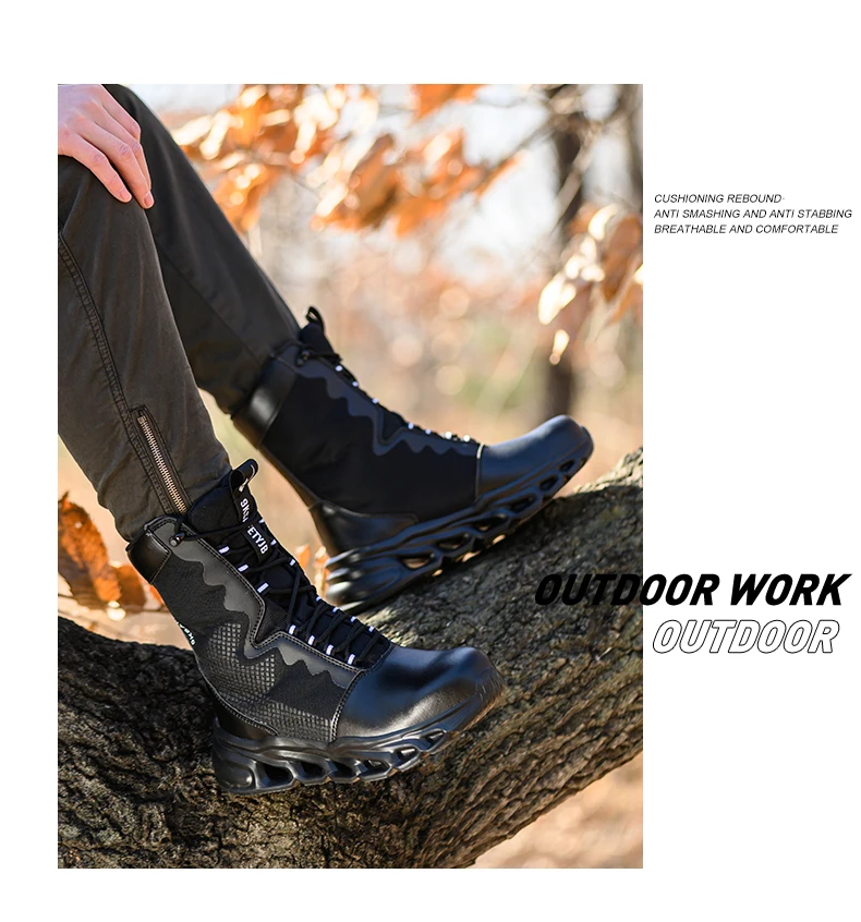Mens Steel Toe Work Boots High Top Light Breathable Safety Shoes Anti-Smash Anti-Puncture Construction Boots Wear-Resisting Sole