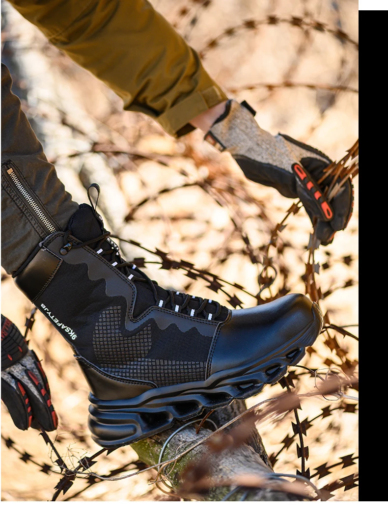 Mens Steel Toe Work Boots High Top Light Breathable Safety Shoes Anti-Smash Anti-Puncture Construction Boots Wear-Resisting Sole