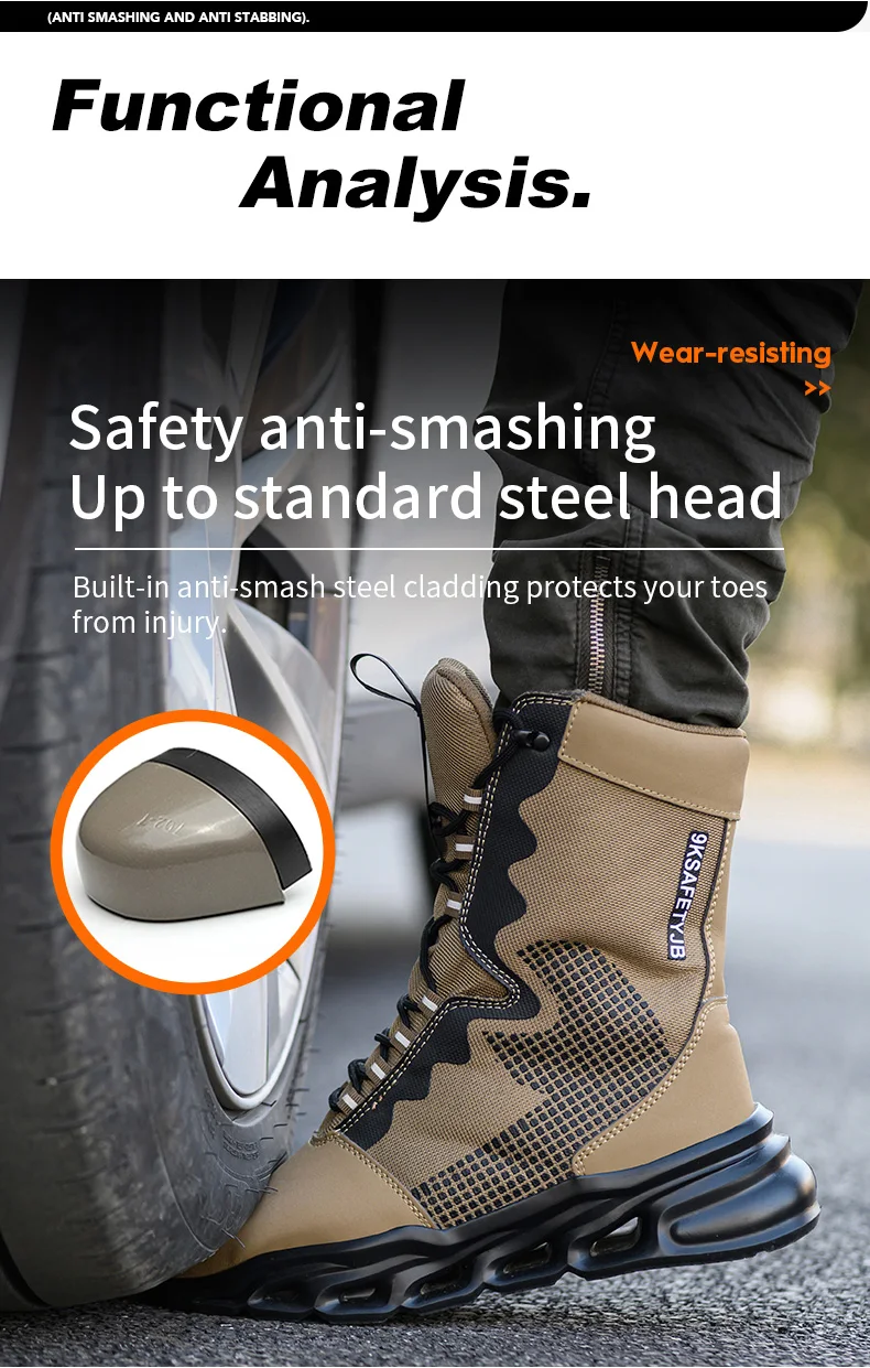 Mens Steel Toe Work Boots High Top Light Breathable Safety Shoes Anti-Smash Anti-Puncture Construction Boots Wear-Resisting Sole