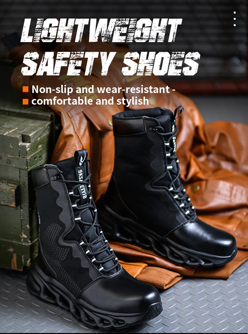 Mens Steel Toe Work Boots High Top Light Breathable Safety Shoes Anti-Smash Anti-Puncture Construction Boots Wear-Resisting Sole