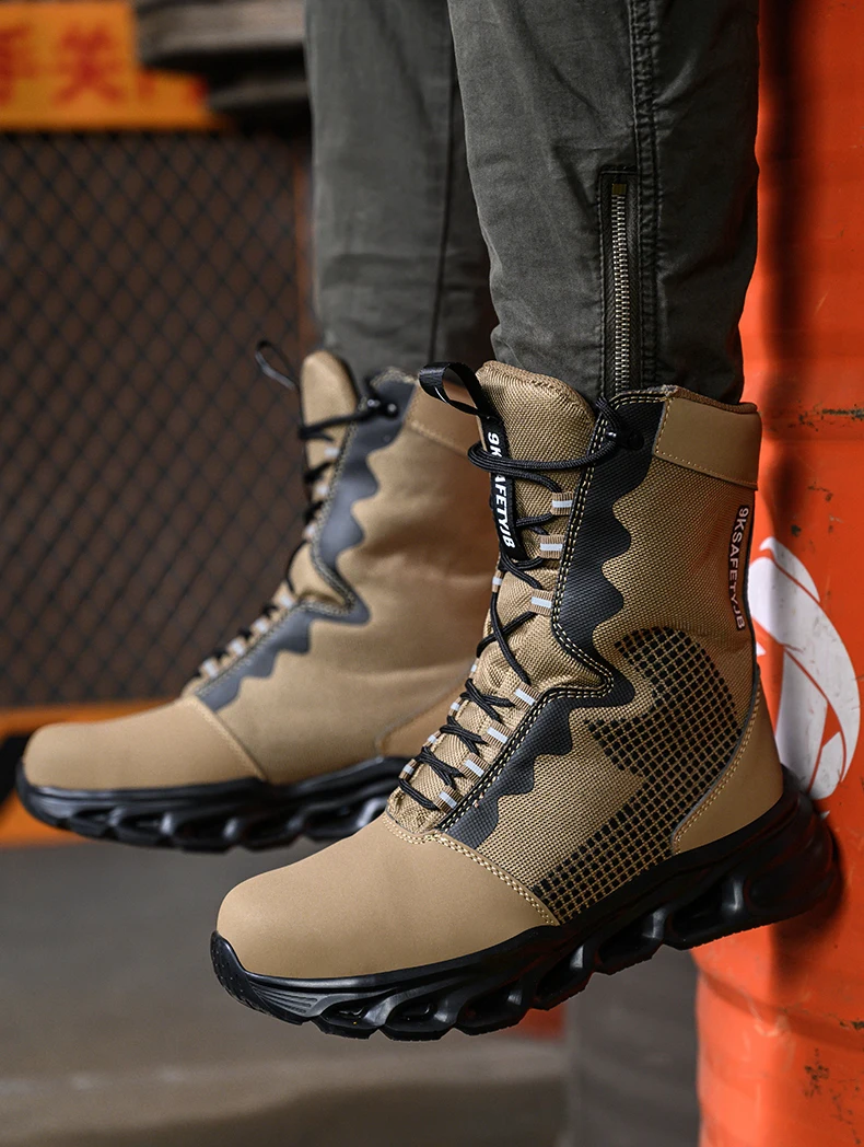 Mens Steel Toe Work Boots High Top Light Breathable Safety Shoes Anti-Smash Anti-Puncture Construction Boots Wear-Resisting Sole
