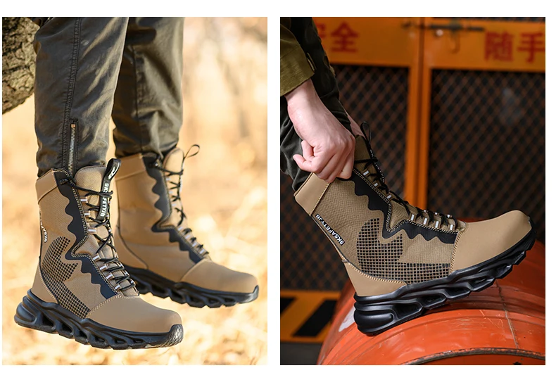Mens Steel Toe Work Boots High Top Light Breathable Safety Shoes Anti-Smash Anti-Puncture Construction Boots Wear-Resisting Sole