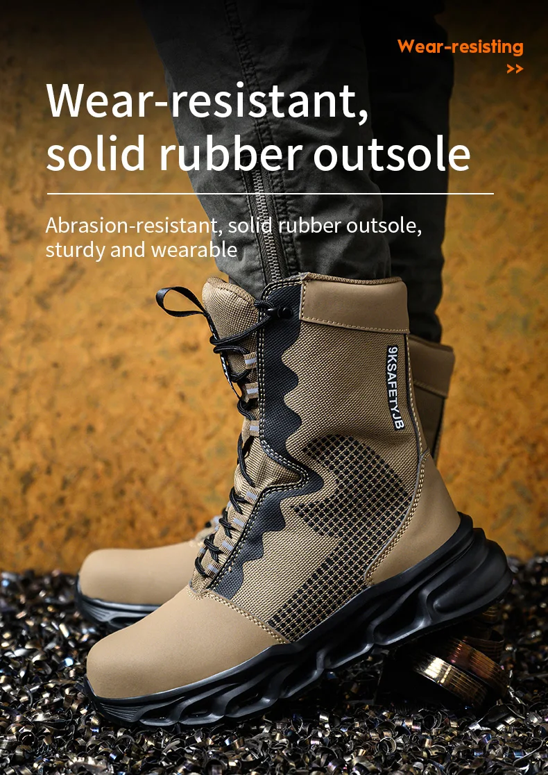 Mens Steel Toe Work Boots High Top Light Breathable Safety Shoes Anti-Smash Anti-Puncture Construction Boots Wear-Resisting Sole