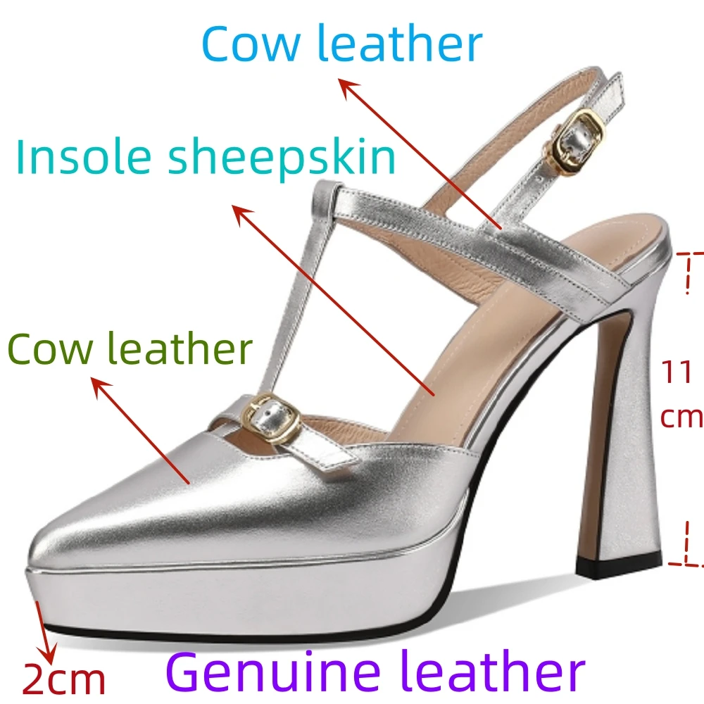 【JOCHEBED HU】Brand Gold Silver Ankle Strap Platform Pumps Women Genuine Leather Pointed Toe Goth High Heels Shoes Ladies