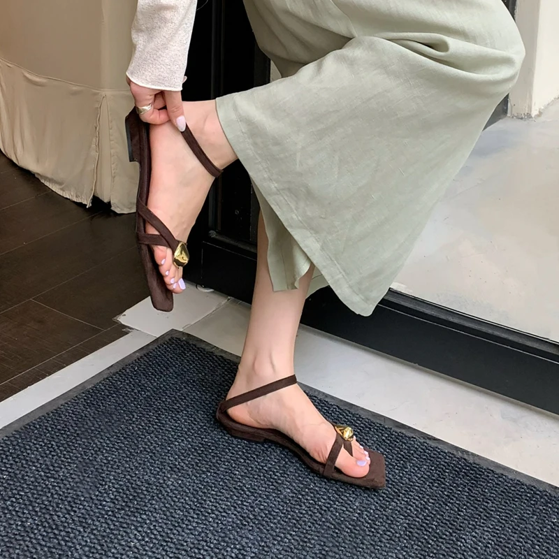SUOJIALUN 2026 Summer New Brand Women Sandal Fashion Narrow Band Ladies Gladitor Shoes Square Toe Slip On Elegant Outdoor Dress