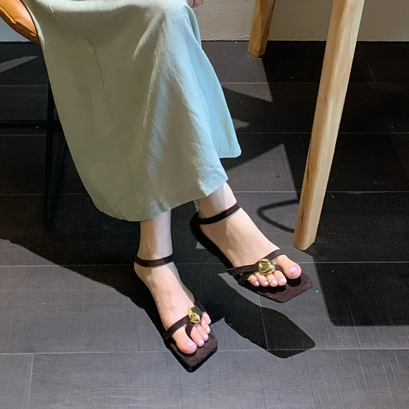 SUOJIALUN 2026 Summer New Brand Women Sandal Fashion Narrow Band Ladies Gladitor Shoes Square Toe Slip On Elegant Outdoor Dress