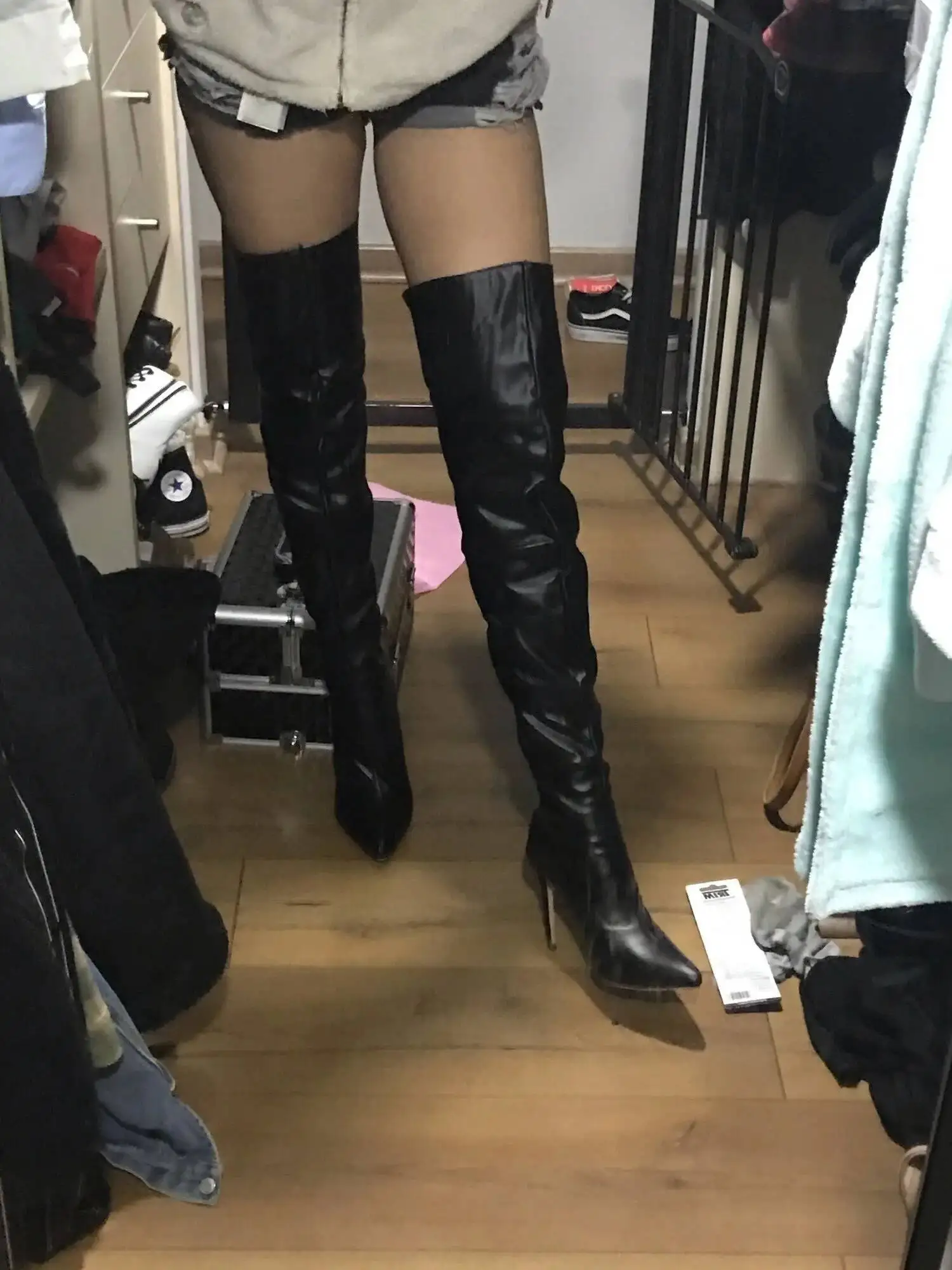 Sexy Stiletto Heels Black Women Over The Knee Boota Big Size 46 Back Zip Long Boots Lady Shoes