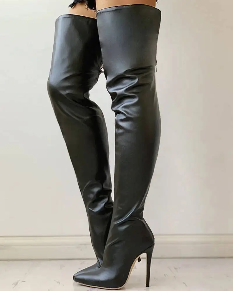 Sexy Stiletto Heels Black Women Over The Knee Boota Big Size 46 Back Zip Long Boots Lady Shoes