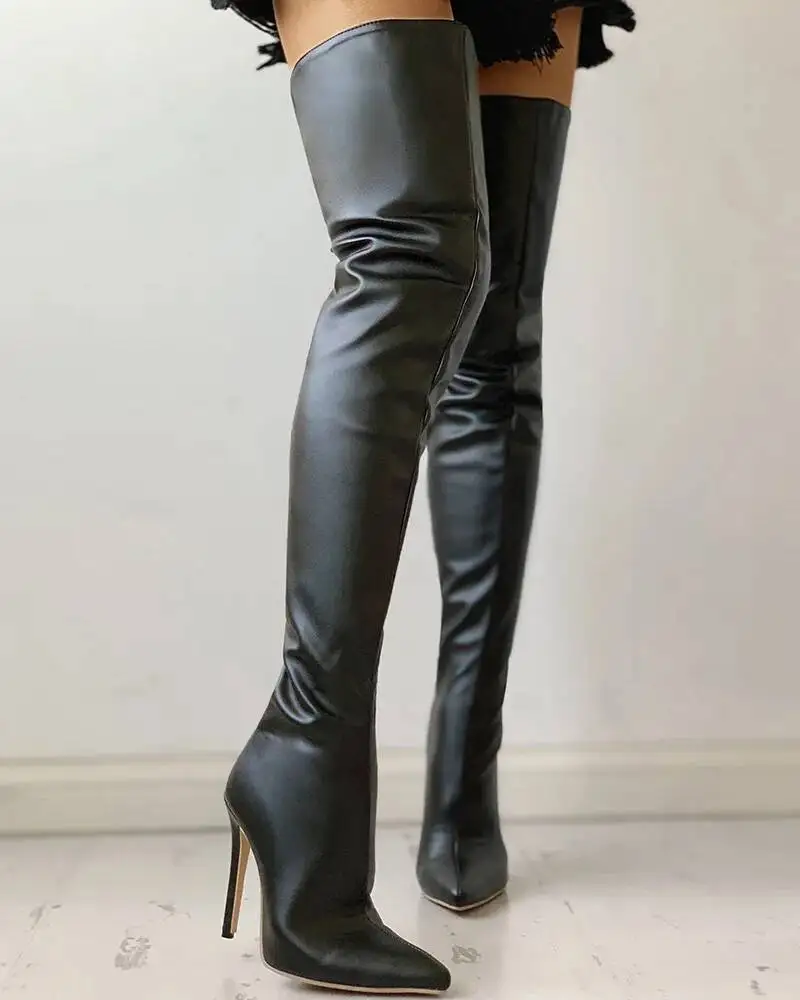 Sexy Stiletto Heels Black Women Over The Knee Boota Big Size 46 Back Zip Long Boots Lady Shoes