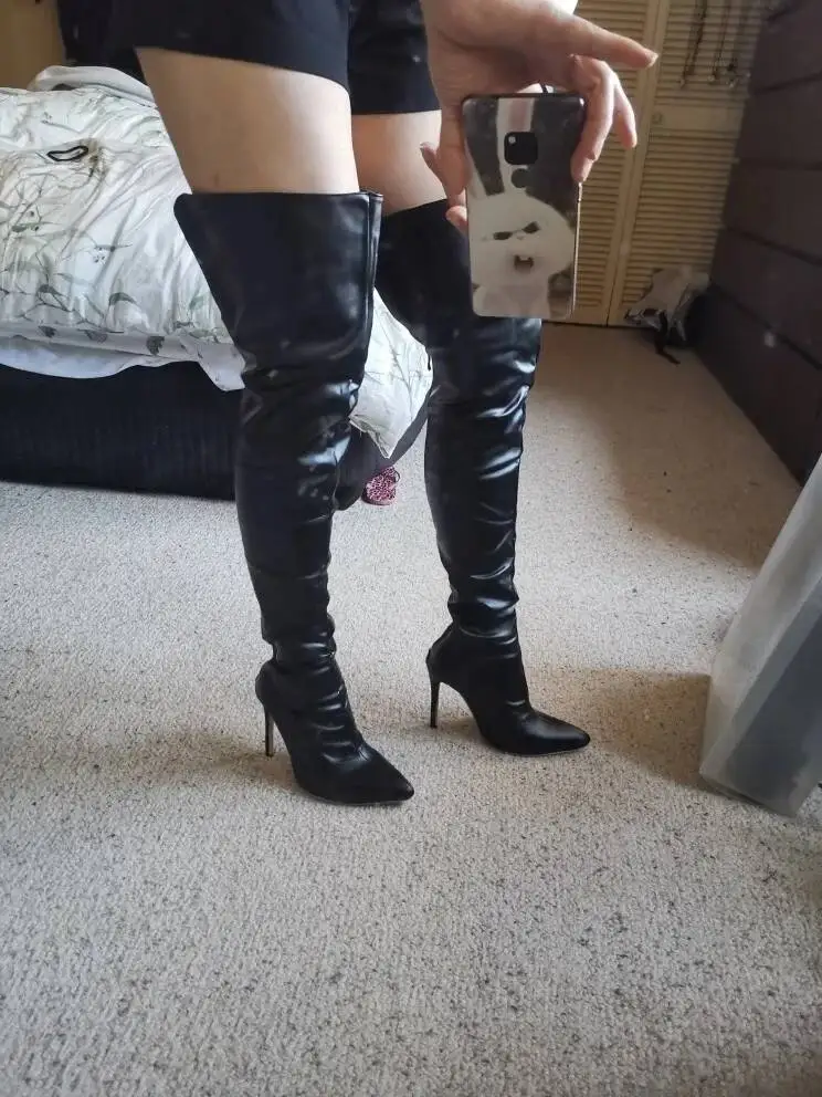 Sexy Stiletto Heels Black Women Over The Knee Boota Big Size 46 Back Zip Long Boots Lady Shoes