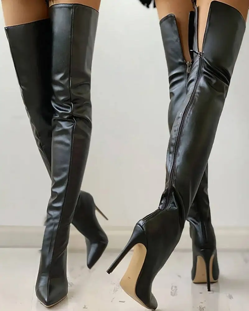 Sexy Stiletto Heels Black Women Over The Knee Boota Big Size 46 Back Zip Long Boots Lady Shoes