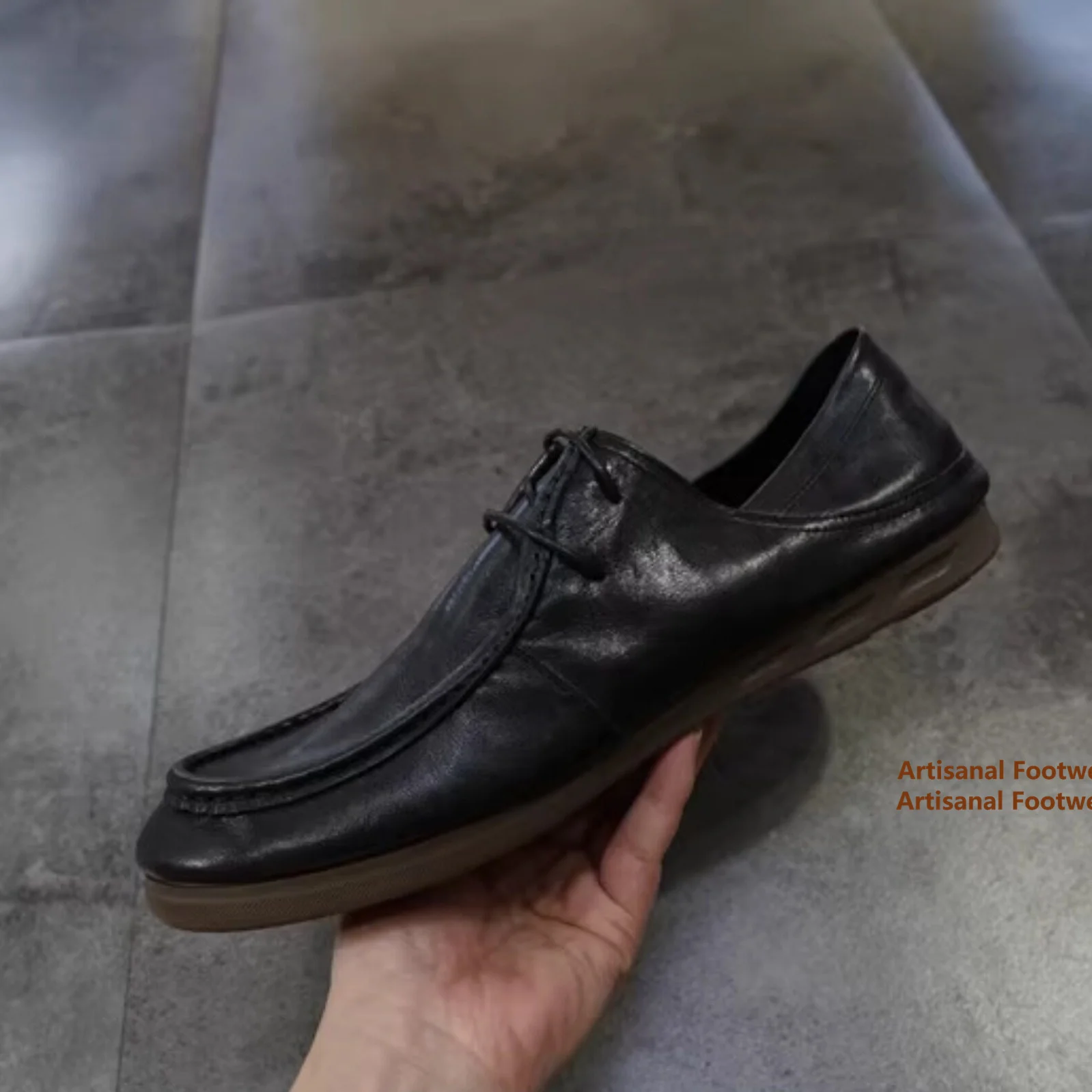 Men's Black Leather Lace-Up Shoes Vintage Round Toe Soft Flexible Flat Sole Casual Driving Leather Loafers Trendy Men's Shoes