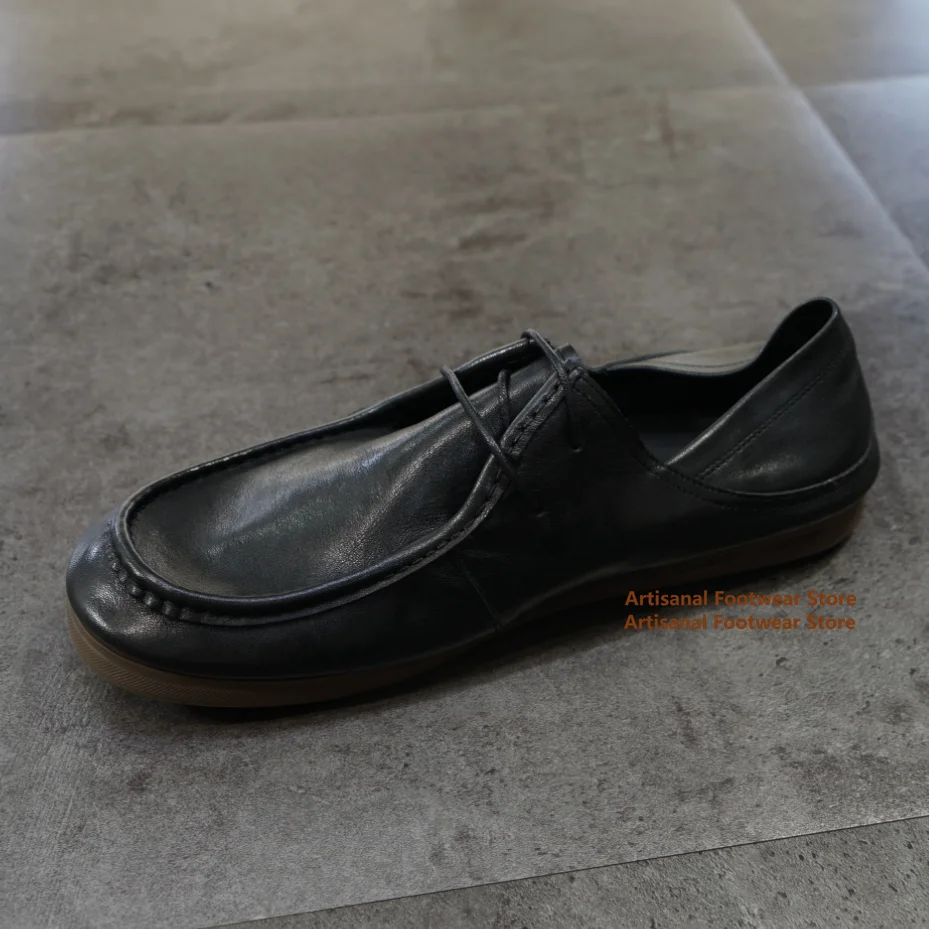 Men's Black Leather Lace-Up Shoes Vintage Round Toe Soft Flexible Flat Sole Casual Driving Leather Loafers Trendy Men's Shoes