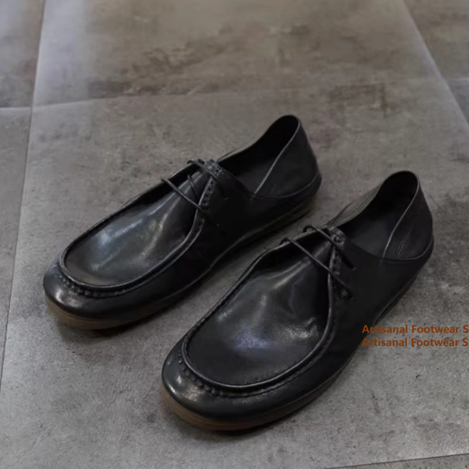 Men's Black Leather Lace-Up Shoes Vintage Round Toe Soft Flexible Flat Sole Casual Driving Leather Loafers Trendy Men's Shoes