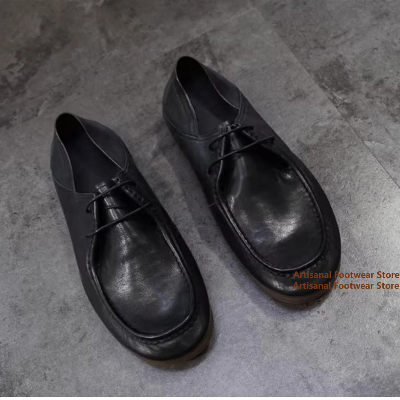 Men's Black Leather Lace-Up Shoes Vintage Round Toe Soft Flexible Flat Sole Casual Driving Leather Loafers Trendy Men's Shoes