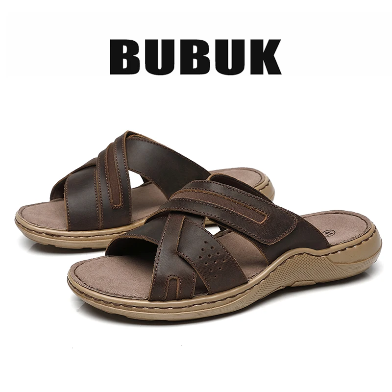 Bubuk Retro Genuine Leather Sandals, Made from Top-Layer Cowhide and Hand-Stitched, Versatile Men's Fashion Slippers for Business and Casual Wear