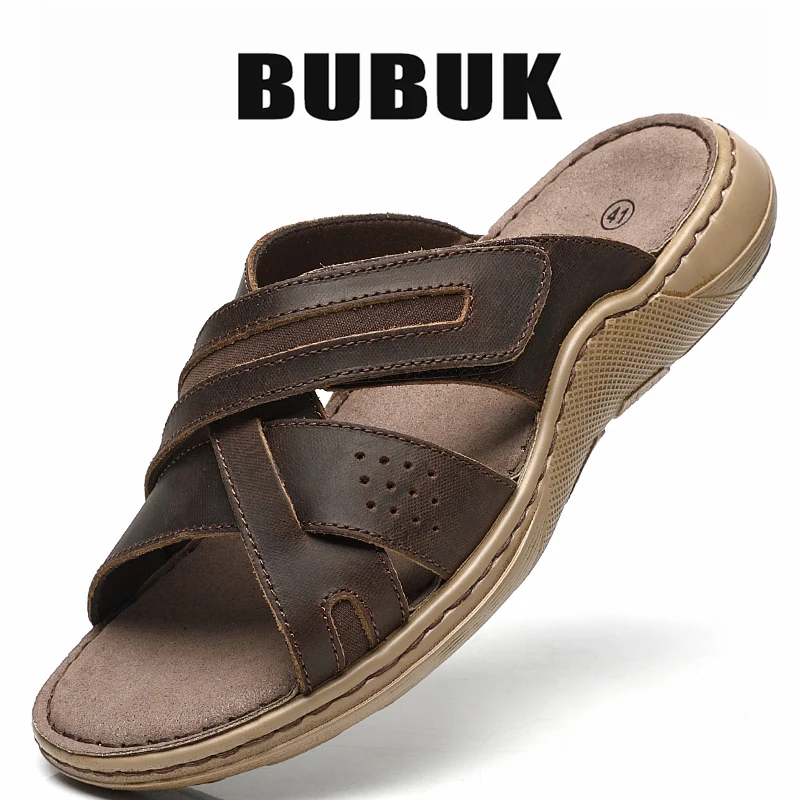 Bubuk Retro Genuine Leather Sandals, Made from Top-Layer Cowhide and Hand-Stitched, Versatile Men's Fashion Slippers for Business and Casual Wear