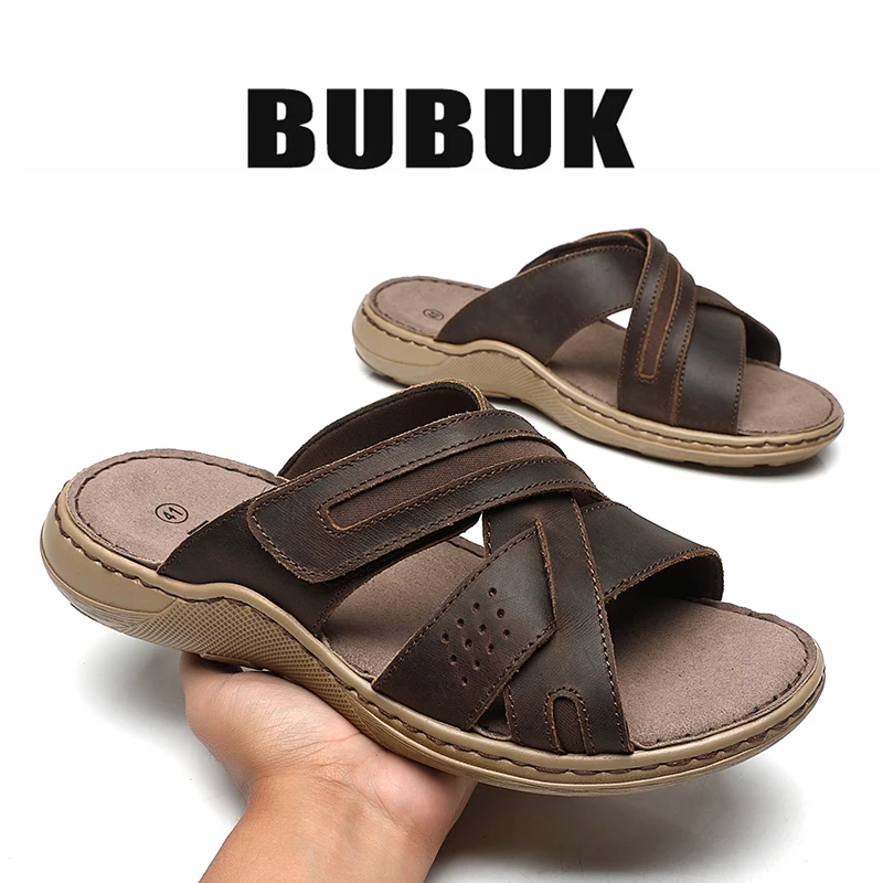 Bubuk Retro Genuine Leather Sandals, Made from Top-Layer Cowhide and Hand-Stitched, Versatile Men's Fashion Slippers for Business and Casual Wear